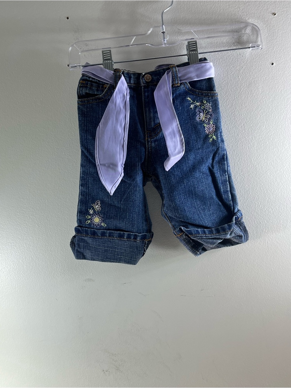 Cherokee Dark Blue Denim Shorts with Lilac Tie and Floral Embroidery